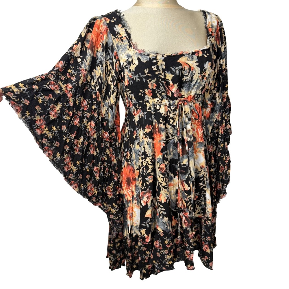 Free People Floral Bell Sleeve Mini Dress Black Orange Size S Goth Boho
